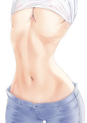 Rule 34 | 1girl, absurdres, arms up, breasts, clothes lift, denim, highres, jeans, lifted by self, medium breasts, navel, navel focus, no bra, open fly, original, pants, shirt, shirt lift, simple background, solo, standing, stomach, takumi nosiro, underboob, undressing, white background, white shirt