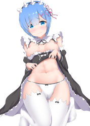 Rule 34 | 10s, 1girl, blue eyes, blue hair, blush, breasts, closed mouth, detached sleeves, hair ornament, hair ribbon, highres, kirikan (cokekiri), lifting own clothes, maid, maid headdress, medium breasts, navel, nipples, panties, pink ribbon, re:zero kara hajimeru isekai seikatsu, rem (re:zero), ribbon, short hair, simple background, solo, thighhighs, underwear, white background, white panties, white thighhighs, x hair ornament