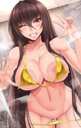 Rule 34 | 1girl, against glass, akitsuki karasu, areola slip, bikini, bikini pull, blush, breast press, breasts, breasts on glass, brown hair, cleavage, clothes pull, collarbone, commentary request, dutch angle, highres, kurochijo, large breasts, lips, long hair, looking at viewer, navel, nipple slip, nipples, one eye closed, original, red eyes, shower (place), showering, smile, solo, standing, steam, swimsuit, teeth, v, v-shaped eyebrows, very long hair, water, yellow bikini