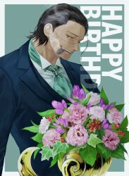 Rule 34 | 1boy, alternate costume, ascot, black hair, bouquet, cigar, collared shirt, crocodile (one piece), flower, formal, hair slicked back, highres, holding, holding bouquet, hook hand, male focus, mature male, one piece, sato226, scar, scar on face, scar on nose, shirt, short hair, sideways glance, smoking, solo, stitches, suit, upper body