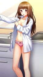 Rule 34 | 1girl, bare legs, breasts, brown hair, cleavage, collarbone, collared shirt, doukyuusei another world, dress shirt, dressing, frilled panties, frills, game cg, indoors, kakyuusei, long hair, long sleeves, looking at viewer, medium breasts, open clothes, open mouth, open shirt, panties, pink panties, red eyes, shirt, solo, standing, straight hair, underwear, very long hair, wet, wet hair, white shirt, wing collar, yuuki mizuho