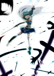 Rule 34 | 10s, arm up, battle, blood, bloody tears, blue hair, blurry, cape, cuts, depth of field, flying, gloves, hair over eyes, injury, izuxco, magical girl, mahou shoujo madoka magica, mahou shoujo madoka magica (anime), miki sayaka, motion blur, open mouth, shaded face, short hair, smile, solo, sword, thighhighs, weapon, white gloves, white thighhighs, witch&#039;s labyrinth