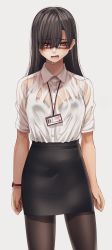 Rule 34 | 1girl, black hair, black skirt, blouse, bra, bra visible through clothes, breasts, brown eyes, brown pantyhose, collared shirt, contrapposto, frilled bra, frills, glasses, highres, hoshi san 3, id card, jimiko, lanyard, long hair, looking at viewer, miniskirt, mole, mole on breast, mole under mouth, office lady, open mouth, original, pantyhose, pencil skirt, red-framed eyewear, see-through, see-through shirt, semi-rimless eyewear, shirt, simple background, skirt, solo, standing, under-rim eyewear, underwear, watch, wet, wet clothes, wet shirt, white background, white shirt, wing collar, wristwatch