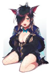 Rule 34 | 1girl, animal ears, armor, black footwear, black gloves, black hair, blue cape, blue eyes, blush, breasts, bug, butterfly, cape, cleavage, collar, dragon ears, dress, ear piercing, earrings, fishnets, flower, fur trim, gloves, hair over one eye, heart, heart earrings, high heels, highres, insect, jewelry, large breasts, ngtr kaina, open mouth, piercing, puzzle &amp; dragons, red collar, roche (p&amp;d), rose, short hair, simple background, sitting, solo, sweat, wide sleeves