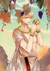 Rule 34 | 1boy, apple, armlet, blonde hair, bracelet, earrings, fate/zero, fate (series), food, food-themed hair ornament, fruit, gilgamesh (fate), grapes, hair ornament, highres, jewelry, male focus, necklace, red eyes, seojung, solo, toga