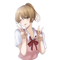 Rule 34 | 1girl, blonde hair, collarbone, collared shirt, cropped torso, double v, high ponytail, highres, isshiki iroha, light (lightpicture33), looking at viewer, neck ribbon, one eye closed, pink sweater vest, red ribbon, ribbon, school uniform, shirt, short hair, short sleeves, sobu high school uniform, solo, sweater vest, tongue, tongue out, upper body, v, white shirt, yahari ore no seishun lovecome wa machigatteiru., yellow eyes