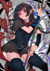 Rule 34 | 1girl, armband, asymmetrical wings, black armband, black dress, black hair, black thighhighs, blue wings, bow, bowtie, dress, ear piercing, earrings, footwear bow, frilled dress, frills, high heels, highres, houjuu nue, jewelry, looking to the side, mary janes, piercing, pointy ears, polearm, red bow, red bowtie, red eyes, red footwear, red wings, ring, shoes, short dress, short sleeves, sidelocks, snake, solo, thighhighs, touhou, trident, weapon, wings, yamazaki tsukune