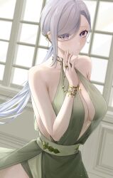 1girl absurdres alternate_costume arano_(waikuni11) bare_shoulders bracelet breasts cleavage dress dutch_angle ear_piercing finger_to_cheek genshin_impact green_dress grey_hair hair_over_one_eye highres indoors jewelry large_breasts long_hair looking_at_viewer low-tied_long_hair piercing purple_eyes ring sash shenhe_(genshin_impact) single_sidelock sleeveless sleeveless_dress solo swept_bangs window