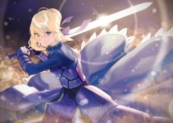 Rule 34 | 1girl, ahoge, armor, armored dress, artoria pendragon (all), artoria pendragon (fate), blonde hair, blue dress, blue ribbon, braid, breastplate, closed mouth, commentary request, dress, excalibur (fate/stay night), fate/stay night, fate (series), faulds, fighting stance, floating hair, french braid, gauntlets, green eyes, hair between eyes, hair bun, hair ribbon, highres, holding, holding sword, holding weapon, juliet sleeves, long dress, long sleeves, looking at viewer, matsuharu (lip-mil), puffy sleeves, ribbon, saber (fate), short hair, sidelocks, single hair bun, solo, standing, sword, two-handed, weapon, wind