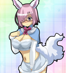 Rule 34 | 1girl, breasts, capelet, cleavage, cosplay, detached sleeves, fate/grand order, fate (series), fou (fate), fou (fate) (cosplay), glasses, hair over one eye, mash kyrielight, matsudora124, official alternate costume, purple eyes, purple hair, short hair