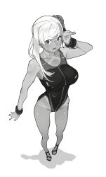 Rule 34 | 1girl, absurdres, bare shoulders, breasts, bun cover, cleavage, collarbone, competition swimsuit, fate/grand order, fate (series), full body, greyscale, hair bun, hair ribbon, highleg, highleg swimsuit, highres, large breasts, long hair, looking at viewer, miyamoto musashi (fate), miyamoto musashi (fate/grand order), miyamoto musashi (swimsuit berserker) (fate), miyamoto musashi (swimsuit berserker) (first ascension) (fate), monochrome, one-piece swimsuit, open mouth, ribbon, side bun, single hair bun, single side bun, solo, swept bangs, swimsuit, tan, tanline, thighs, two-tone swimsuit, wet, wr (karakusa senbei)