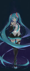 Rule 34 | 1girl, absurdly long hair, aqua eyes, aqua hair, boots, detached sleeves, fhang, finger to mouth, full body, hatsune miku, highres, long hair, nail polish, necktie, skirt, smile, solo, thigh boots, thigh gap, thighhighs, twintails, very long hair, vocaloid
