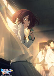 1boy 2girls blazer blue_skirt blurry blurry_background bow bowtie cellphone copyright_name curtains from_below highres holding holding_phone indoors jacket key_visual komari_chika long_sleeves looking_at_viewer make_heroine_ga_oo_sugiru! multiple_girls official_art phone pleated_skirt promotional_art red_bow red_bowtie red_hair school_uniform short_hair skirt smartphone tamaki_shintarou tsukinoki_koto white_jacket window winter_uniform yellow_bow yellow_bowtie yellow_eyes