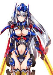 Rule 34 | 1girl, blue eyes, breasts, cleavage, clenched hand, clothing cutout, floating hair, genderswap, genderswap (mtf), grey hair, highleg, highres, i.takashi, long hair, looking at viewer, mecha musume, midriff, optimus prime, personification, solo, stomach cutout, thigh gap, transformers, transformers (live action), white background, wrist blades