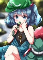 Rule 34 | 1girl, bare arms, blue eyes, blue hair, commentary request, flat chest, hair bobbles, hair ornament, hat, highres, kawashiro nitori, mouth hold, ruu (tksymkw), solo, touhou, two side up