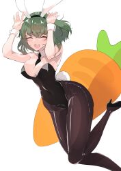 Rule 34 | 1girl, absurdres, animal ears, arms up, black footwear, black leotard, black pantyhose, breasts, carrot, closed eyes, detached collar, green hair, high heels, highres, itocoh, kazami yuuka, large breasts, leotard, pantyhose, rabbit ears, shiny clothes, shiny legwear, shiny skin, short hair, simple background, solo, touhou, white background, wrist cuffs