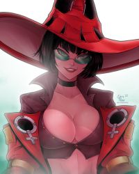 Rule 34 | absurdres, breasts, cleavage, green-tinted eyewear, green-tinted glasses, guilty gear, guilty gear strive, hat, highres, i-no, jacket, large breasts, looking at viewer, mole, mole above mouth, red jacket, short hair, smile, solo, sunglasses, tinted eyewear, venus symbol, witch hat