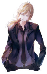 Rule 34 | 1girl, ahoge, alternate costume, artoria pendragon (all), artoria pendragon (fate), black jacket, black necktie, blonde hair, breasts, business suit, cropped torso, erenaibi, fate (series), formal, green eyes, hair ribbon, hands in pockets, highres, jacket, looking away, necktie, open clothes, open jacket, parted lips, ponytail, ribbon, saber (fate), shirt, simple background, smile, solo, suit, white background, white shirt
