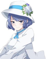 Rule 34 | 1girl, blue eyes, blue hair, breasts, closed mouth, dress, flower, hat, hat flower, highres, long sleeves, looking at viewer, short hair, smile, solo, sui (sui27shika), suntory, suntory nomu, virtual youtuber, white hat, yasuda suzuhito