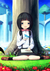 Rule 34 | 1girl, armais (me-chan337), bird, black hair, blue eyes, blunt bangs, blush, bridge, child, floor, grass, house, long hair, notepad, open mouth, original, outdoors, shoes, short twintails, sitting, skirt, smile, socks, solo, suspenders, tree, twintails, wariza