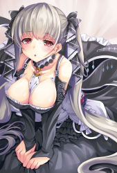 Rule 34 | 1girl, azur lane, bare shoulders, between breasts, black dress, blush, breasts, choker, cleavage, dress, earrings, formidable (azur lane), frilled dress, frills, gradient background, grey hair, hair ribbon, highres, jewelry, large breasts, long hair, long sleeves, looking at viewer, red eyes, ribbon, sitting, solo, twintails, two-tone dress, two-tone ribbon, very long hair, yumibakama meme