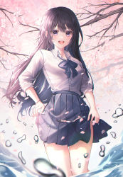 Rule 34 | 1girl, absurdres, black bow, black hair, black skirt, bow, bowtie, cherry blossoms, collared shirt, hasu (selisa), highres, long hair, looking at viewer, original, purple eyes, shirt, skirt, smile, solo, tree, uniform, water, wet, wet clothes, wet skirt, white shirt