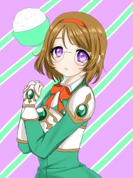 Rule 34 | 1girl, artist name, artist request, blush, bow, bowl, bowtie, breasts, brown hair, collared shirt, female focus, fingerless gloves, glasses, gloves, green skirt, hair between eyes, hairband, highres, koizumi hanayo, looking at viewer, love live!, love live! school idol project, miniskirt, orange bow, orange hairband, own hands together, parted lips, plaid, plaid skirt, pleated, pleated skirt, purple background, purple eyes, rice bowl, shirt, short hair, skirt, smile, solo, striped, striped background, white gloves, white shirt