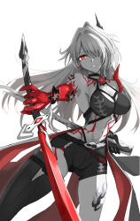 Rule 34 | 1girl, absurdres, acheron (honkai: star rail), armor, armpit crease, asymmetrical legwear, bare shoulders, belt, black belt, black choker, black coat, black gloves, black shorts, body markings, boots, breasts, bright pupils, choker, cleavage, coat, coattails, colored extremities, commentary request, cowboy shot, criss-cross halter, crop top, earrings, flower, gloves, hair intakes, hair ornament, halterneck, highres, holding, holding sword, holding weapon, honkai: star rail, honkai (series), jewelry, large breasts, leg tattoo, long hair, looking at viewer, midriff, navel, official alternate color, onihiraaji82, partially colored, red eyes, red flower, red theme, scabbard, sheath, shorts, shoulder armor, simple background, single glove, single thigh boot, solo, sword, tattoo, thigh boots, thighs, unsheathed, weapon, white pupils