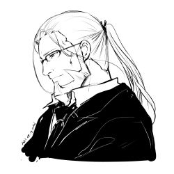 Rule 34 | 1boy, 2022, bear, closed mouth, cropped torso, dated, fullmetal alchemist, glasses, greyscale, hair ribbon, half-closed eyes, highres, long hair, looking down, male focus, mini (pixiv6327751), monochrome, necktie, ponytail, ribbon, simple background, sketch, solo, upper body, van hohenheim, white background, wing collar