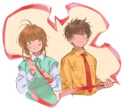 Rule 34 | 1boy, 1girl, antenna hair, blush, blush stickers, breast pocket, brown eyes, brown hair, cardcaptor sakura, casual, clenched hand, closed mouth, collared shirt, couple, cropped torso, dot nose, eye contact, green eyes, green ribbon, grin, hair between eyes, hair intakes, hand up, hands up, hetero, holding, holding ribbon, kinomoto sakura, li xiaolang, long sleeves, looking at another, looking to the side, loveariddle, neck ribbon, necktie, parted lips, pocket, red necktie, red ribbon, ribbon, shirt, short hair, sidelocks, sleeves rolled up, smile, upper body, w arms, white background, white shirt, wing collar, yellow background, yellow shirt