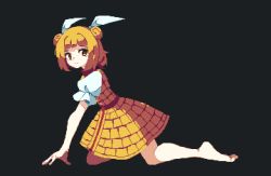 Rule 34 | 1girl, 4qw5, armor, armored dress, barefoot, black background, blonde hair, blunt bangs, closed mouth, commentary, double bun, dress, english commentary, full body, hair bun, hair ribbon, joutouguu mayumi, looking at viewer, pixel art, ribbon, short hair, simple background, solo, touhou, white ribbon, yellow dress