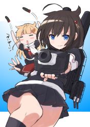 Rule 34 | 2girls, = =, absurdres, adapted turret, ahoge, aiming, black gloves, black serafuku, black skirt, blonde hair, blue background, blue eyes, braid, brown hair, cannon, chibi, closed eyes, commentary request, fingerless gloves, gloves, gradient background, hair flaps, hair ornament, hair over shoulder, highres, kantai collection, long hair, looking at viewer, machinery, multiple girls, neckerchief, pleated skirt, poipoi purin, red neckerchief, school uniform, serafuku, shigure (kancolle), single braid, skirt, torpedo, turret, yuudachi (kancolle)
