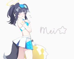 Rule 34 | 1girl, animal ears, black hair, blue-tinted eyewear, blue archive, blush, cheerleader, cowboy shot, dog ears, dog tail, grey eyes, halo, hibiki (blue archive), hibiki (cheer squad) (blue archive), holding, holding pom poms, long hair, looking at viewer, millennium cheerleader outfit (blue archive), mimitoke, official alternate costume, open mouth, pom pom (cheerleading), pom poms, ponytail, safety glasses, solo, tail, tinted eyewear, yellow halo
