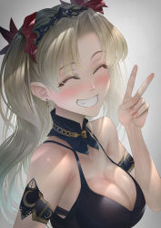 Rule 34 | 1girl, bare shoulders, blonde hair, blush, breasts, cleavage, closed eyes, collarbone, earrings, ereshkigal (fate), fate/grand order, fate (series), grin, highres, imizu (nitro unknown), jewelry, large breasts, long hair, parted bangs, skull, smile, tiara, two side up, v