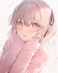 Rule 34 | 1girl, 6u (eternal land), black ribbon, blush, brown eyes, brown hair, flying sweatdrops, hair intakes, hair ribbon, hands on own cheeks, hands on own face, looking at viewer, original, pink sweater, ribbon, solo, sweater, symbol-only commentary, twitter username, two side up, water drop
