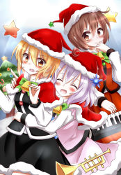 Rule 34 | 3girls, adapted costume, bell, blonde hair, blush, brown eyes, brown hair, capelet, christmas, christmas ornaments, christmas tree, commentary request, closed eyes, hachimi, hat, highres, hug, hug from behind, instrument, keyboard (instrument), lunasa prismriver, lyrica prismriver, merlin prismriver, multiple girls, open mouth, santa hat, shirt, siblings, silver hair, sisters, skirt, skirt set, smile, star (symbol), touhou, trumpet, vest