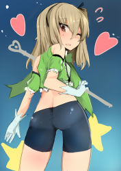 Rule 34 | 10s, 1girl, absurdres, ass, bike shorts, brown eyes, brown hair, butt crack, child, crop top, girls und panzer, gloves, hair ribbon, heart, highres, looking back, muoto, one eye closed, ribbon, shimada arisu, shiny clothes, short hair, side ponytail, sketch, solo, staff, standing, sweat