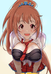Rule 34 | 1girl, blush, breasts, breath, brown hair, buttons, cleavage, collared shirt, dripping, gorohati, gradient background, hands on thighs, highres, hot, idolmaster, idolmaster cinderella girls, large breasts, leaning forward, long hair, messy hair, miniskirt, necktie, open clothes, open mouth, open shirt, plaid, plaid skirt, ponytail, shirt, simple background, skirt, smile, sparkle, sweat, unbuttoned, undershirt, wakabayashi tomoka, wet, wet clothes, wet hair, white shirt, yellow eyes
