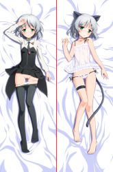 Rule 34 | 1girl, alternate costume, animal ears, arm up, barefoot, bed sheet, black pantyhose, blush, bridal garter, cat ears, cat tail, cleft of venus, clothes pull, collarbone, dakimakura (medium), feet, flat chest, full body, green eyes, groin, head tilt, legs, lingerie, looking at viewer, lying, military, military uniform, multiple views, navel, nightgown, nipples, okina ika, on back, open clothes, panties, panty pull, pantyhose, pantyhose pull, petite, pussy, sanya v. litvyak, see-through, short hair, silver hair, smile, strike witches, tail, thigh gap, thighhighs, toes, uncensored, underwear, uniform, white panties, world witches series