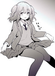 Rule 34 | 1girl, :d, blush, collared shirt, dress shirt, feet out of frame, gradient background, grey background, greyscale, hair between eyes, highres, itsumi (itumiyuo), knees together feet apart, long hair, long sleeves, looking at viewer, monochrome, multicolored hair, necktie, open mouth, original, pantyhose, pleated skirt, school uniform, shirt, sitting, skirt, smile, solo, sweater vest, two-tone hair, white background