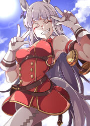 Rule 34 | 1girl, animal ears, armpits, backlighting, bare shoulders, bow, breasts, chest harness, closed eyes, day, double v, dress, ear bow, facing viewer, gloves, gokuu (acoloredpencil), gold ship (umamusume), grey hair, grin, hands up, harness, highres, horse ears, horse girl, horse tail, lens flare, long hair, medium breasts, outdoors, pantyhose, pouch, shirt, short dress, sky, sleeveless, sleeveless shirt, smile, solo, sun, sunlight, sweat, tail, umamusume, underbust, unworn headwear, v, v-shaped eyebrows, very long hair, white pantyhose
