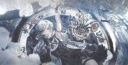 Rule 34 | 1girl, android, arm strap, arm up, black dress, blue eyes, bracelet, clock, clockwork, commentary, dress, flower, gears, highres, jewelry, looking up, mechanical arms, mechanical parts, miv4t, original, parted lips, rain, short hair, single mechanical arm, sleeveless, sleeveless dress, solo, teeth, thigh strap, upper teeth only, wet, white flower, white hair