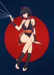 Rule 34 | 1girl, artist request, bare legs, bare shoulders, between breasts, black dress, black gloves, black hair, bob cut, breasts, cleavage, dress, fingerless gloves, gloves, hair ribbon, hairband, highres, inuyasha, invisible chair, large breasts, lips, lipstick, looking to the side, makeup, no bra, no panties, open mouth, pink eyes, red ribbon, revealing clothes, ribbon, sakasagami no yura, sash, short dress, short hair, simple background, sitting, smile, solo, string, toes, wide hips