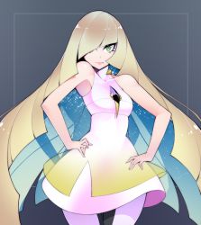 Rule 34 | 10s, 1girl, blonde hair, creatures (company), game freak, green eyes, hair over one eye, halphelt, hands on own hips, highres, looking at viewer, lusamine (pokemon), mature female, nintendo, pokemon, pokemon sm, solo