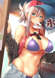 Rule 34 | 1girl, b-ginga, baseball cap, bikini, blue eyes, blush, breasts, clothes lift, day, earrings, eyewear hang, unworn eyewear, fate/grand order, fate (series), food, hair ornament, hat, highres, indoors, jewelry, large breasts, long hair, looking at viewer, miyamoto musashi (fate), miyamoto musashi (traveling outfit) (fate), mouth hold, navel, open fly, pink hair, pink tank top, ponytail, popsicle, purple bikini, shirt lift, shorts, skindentation, solo, stomach, sunglasses, sweat, swimsuit, tank top