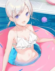 Rule 34 | 1girl, :d, ball, bare arms, bare shoulders, bikini, blue eyes, breasts, collarbone, hair ornament, hairclip, halterneck, highres, icomochi, innertube, long hair, looking at viewer, low twintails, medium breasts, navel, open mouth, original, pool, side-tie bikini bottom, sidelocks, silver hair, smile, solo, stomach, string bikini, swim ring, swimsuit, twintails, water, wet, white bikini, x hair ornament