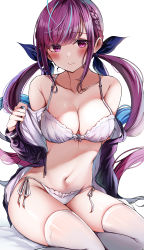 Rule 34 | 1girl, absurdres, ahoge, bare shoulders, blue hair, blush, bra, braid, breasts, cleavage, collarbone, colored inner hair, groin, hair ribbon, highres, hololive, large breasts, long hair, looking at viewer, low twintails, minato aqua, multicolored hair, navel, off shoulder, panties, purple eyes, purple hair, ribbon, sak (lemondisk), shiny skin, side-tie panties, simple background, sitting, smile, solo, stomach, thighhighs, thighs, twintails, two-tone hair, underwear, undressing, virtual youtuber, white background, white bra, white panties, white thighhighs, yokozuwari