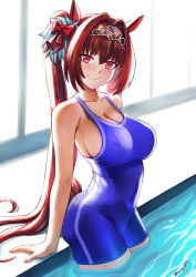 Rule 34 | 1girl, animal ears, bare shoulders, blue one-piece swimsuit, bow, breasts, brown hair, cleavage, collarbone, daiwa scarlet (umamusume), artistic error, hair bow, hair intakes, head tilt, highres, horse ears, horse girl, horse tail, indoors, large breasts, long hair, looking at viewer, looking to the side, one-piece swimsuit, partially submerged, pool, red bow, red eyes, school swimsuit, shinsaku (stan-art), sideboob, smile, solo, swimsuit, tail, tiara, umamusume, very long hair