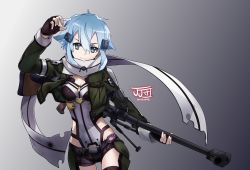 Rule 34 | 10s, 1girl, 2017, anti-materiel rifle, artist name, blue eyes, blue hair, bolt action, breasts, cleavage, closed mouth, commentary request, cowboy shot, dated, fingerless gloves, gloves, gradient background, green jacket, gun, hair ornament, hairclip, highres, holding, jacket, jjdan, long sleeves, looking at viewer, medium breasts, pgm hecate ii, rifle, scarf, short hair, short shorts, shorts, sinon, smile, sniper rifle, solo, sword art online, thighs, weapon