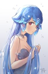 Rule 34 | 1girl, absurdres, bao (vtuber), bao (vtuber) (1st costume), blue hair, breasts, choker, commentary, dated, english commentary, hair between eyes, highres, holding, holding hair, indie virtual youtuber, long hair, medium breasts, parted lips, red eyes, signature, teeth, tofumang, virtual youtuber